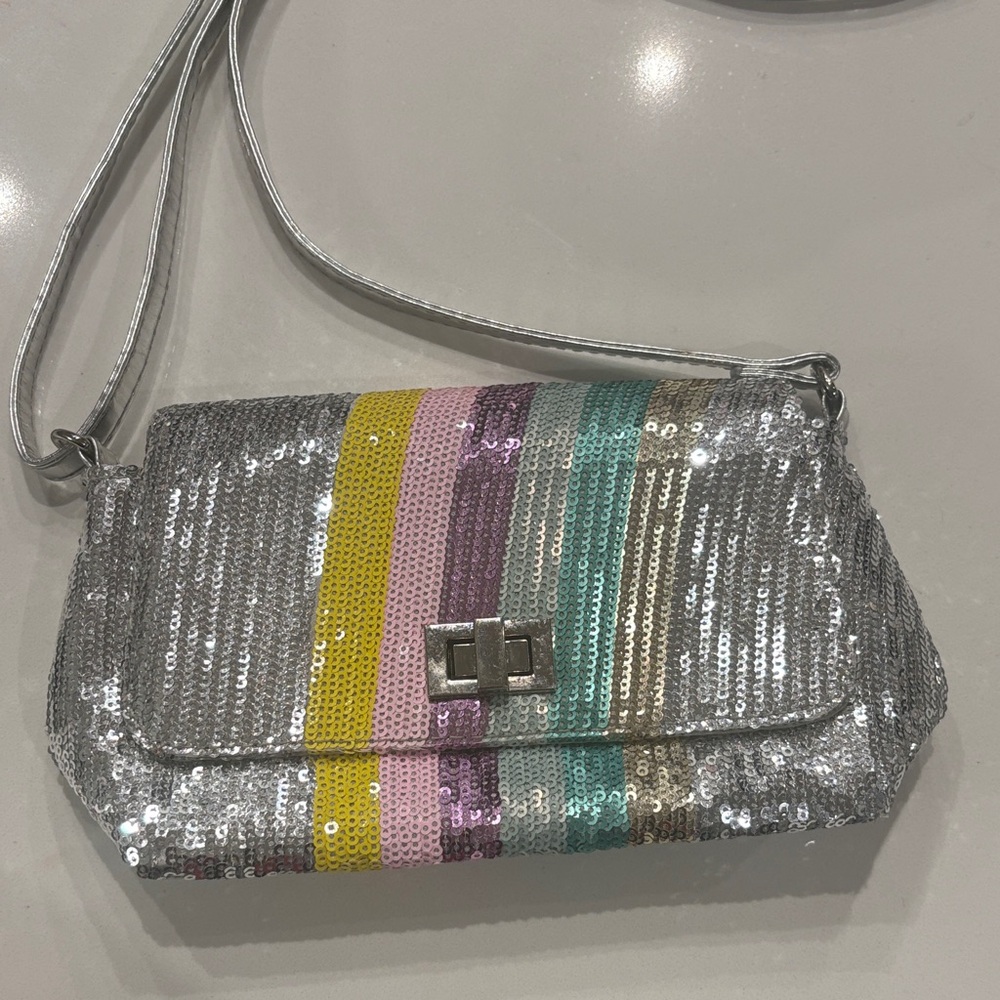 Silver Sequin Crossbody Bag with Multicolor Stripes